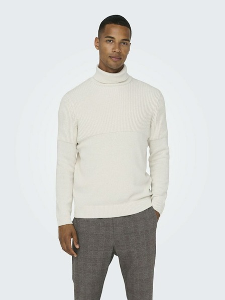 ONLY & SONS Cremefarbener Herren-Rippstrick-Rollkragen ONLY & SONS Al
